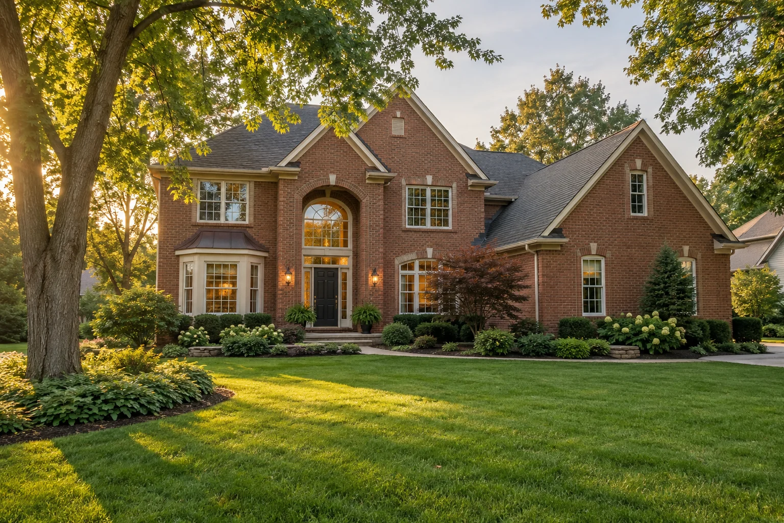 A welcoming brick home framed by mature trees in warm evening light